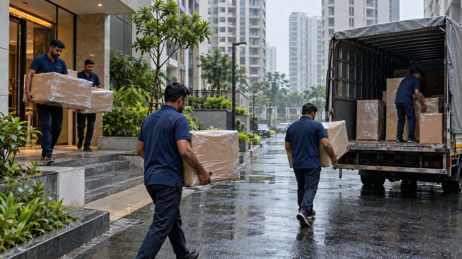 Movers carry wrapped cartons to a covered truck in light drizzle on a tower-lined road