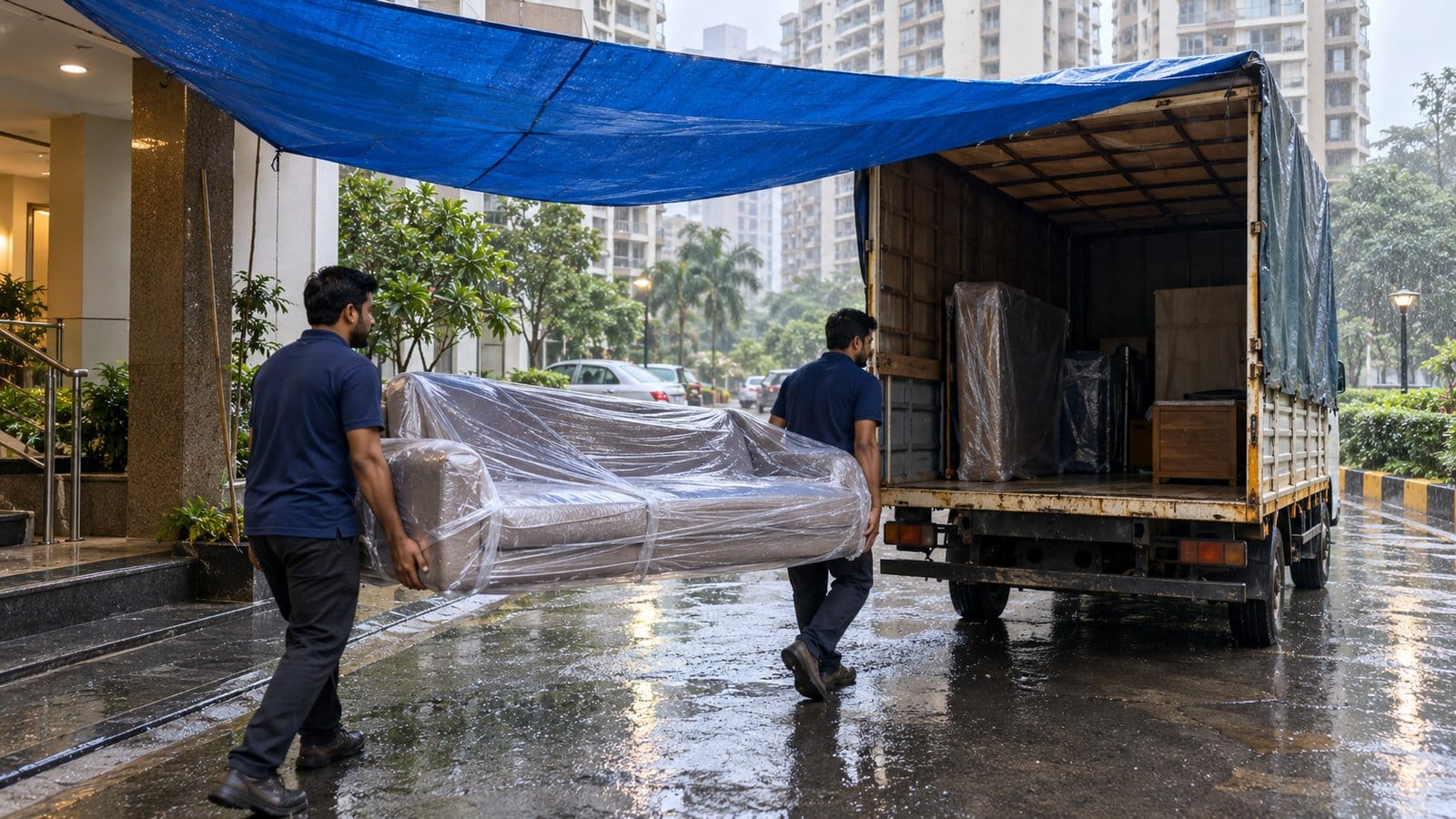 Two movers carry a plastic-wrapped sofa under a blue tarpaulin to a covered truck in monsoon rain