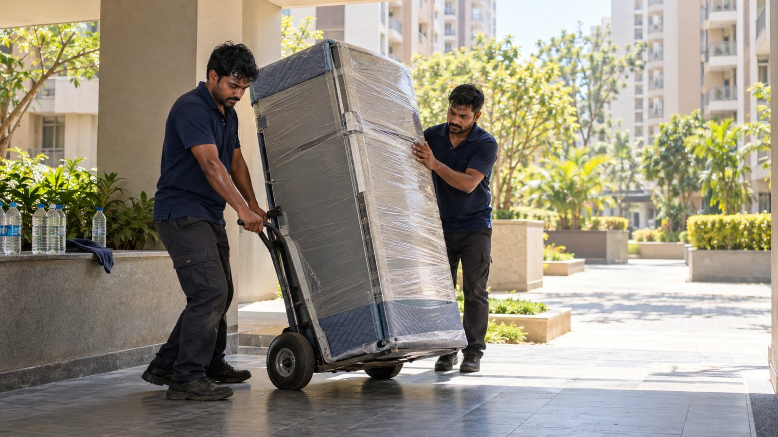 Two movers wheel a wrapped refrigerator on a hand truck along a shaded walkway on a hot afternoon