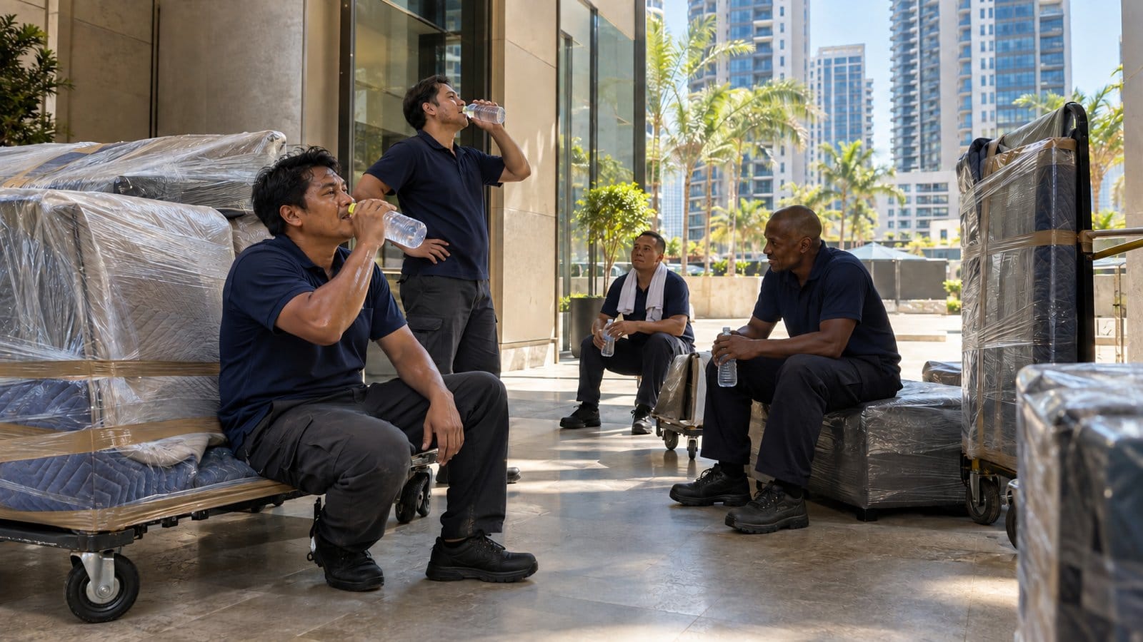 Movers take a water break in a shaded tower lobby on a hot afternoon beside wrapped furniture on trolleys