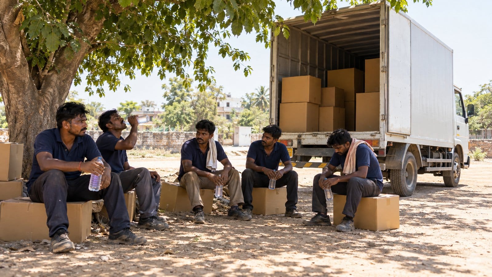 Movers rest in the shade of a tree beside a goods truck on a very hot afternoon