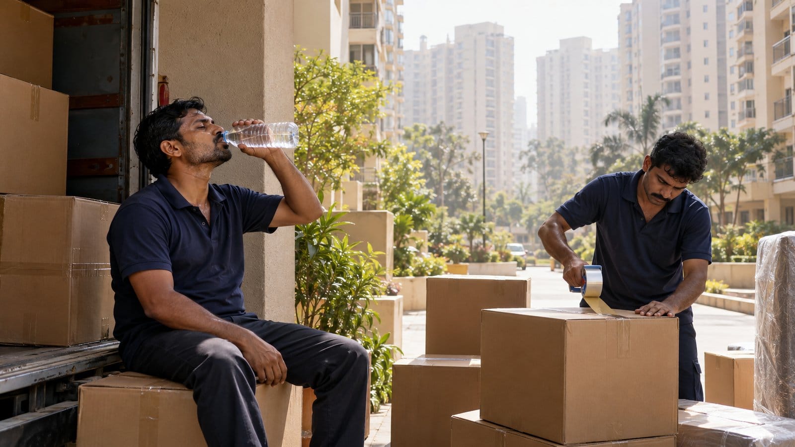 A mover takes a water break in the shade beside stacked cartons on a hot afternoon while another tapes a box