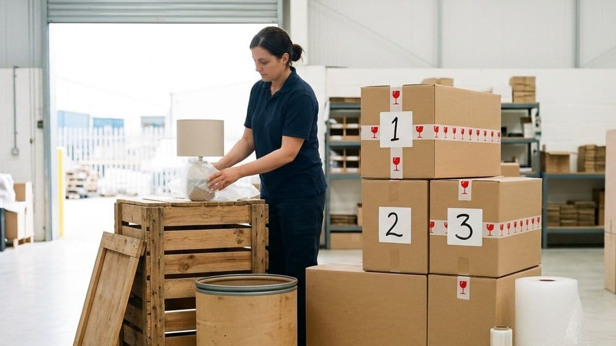 A packer in a navy uniform wraps a table lamp in bubble film beside a wooden crate and stacked cartons numbered 1, 2 and 3