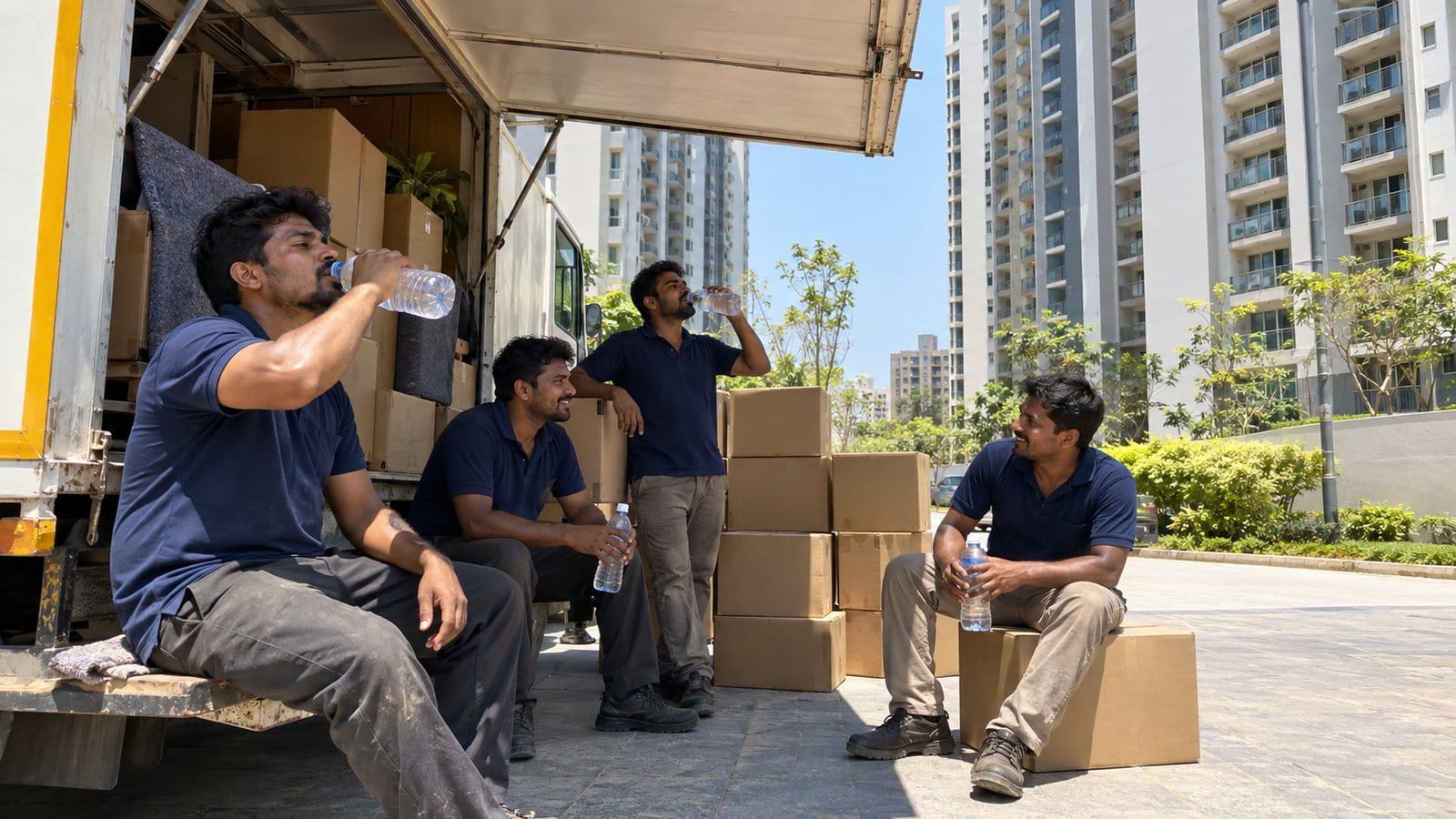 Movers drink water and rest in the shade of a truck beside stacked cartons outside a high-rise on a hot afternoon