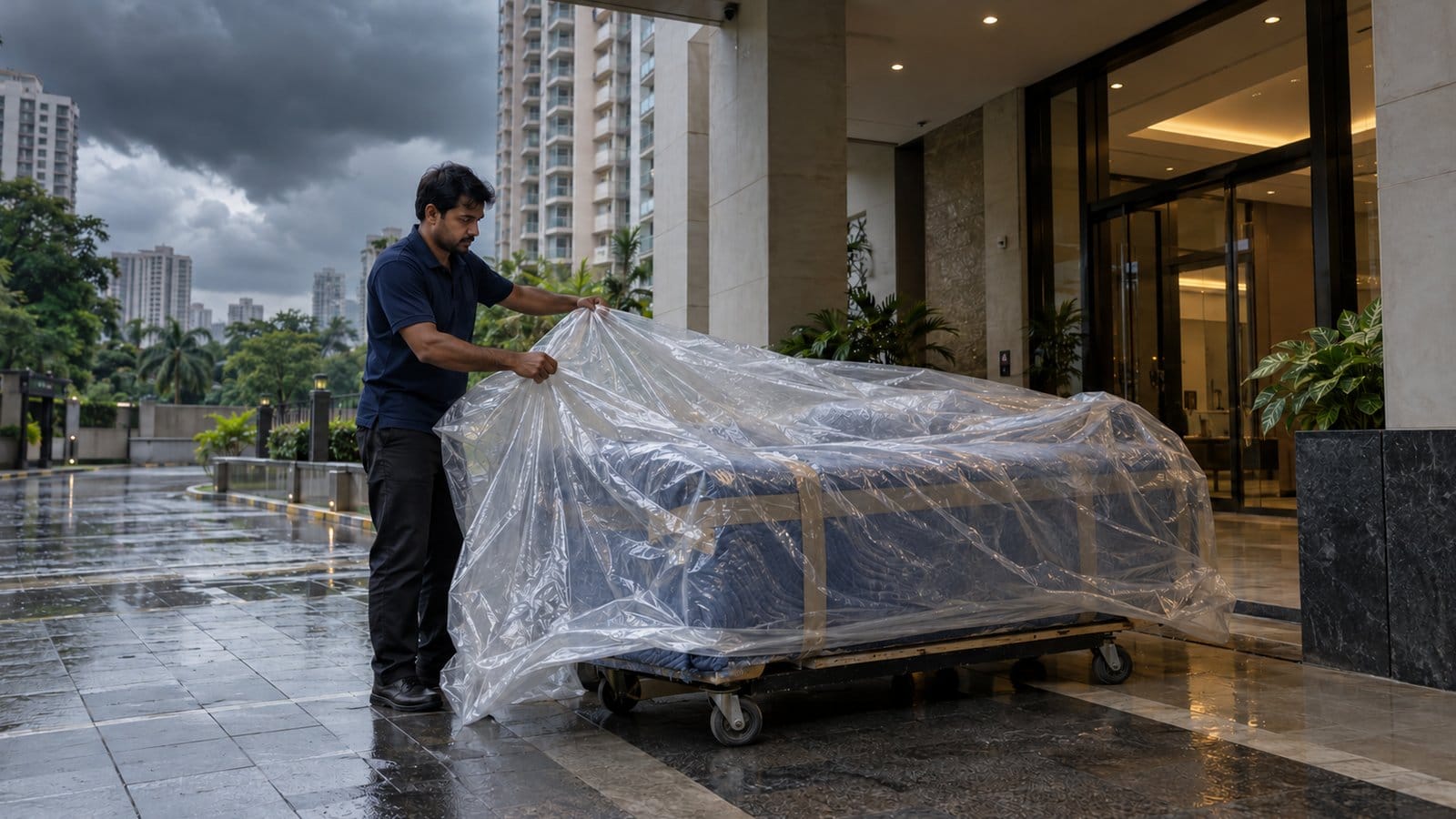 A mover covers a wrapped sofa on a trolley with plastic at a tower entrance under dark monsoon clouds
