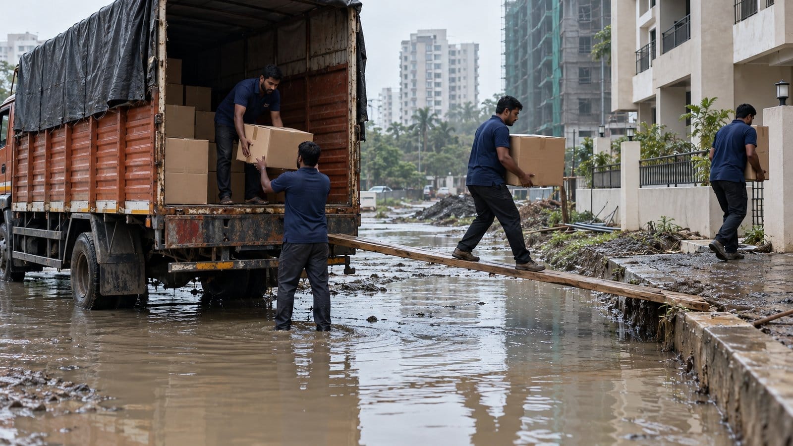 Movers carry cartons over a wooden plank beside a waterlogged service road during the monsoon