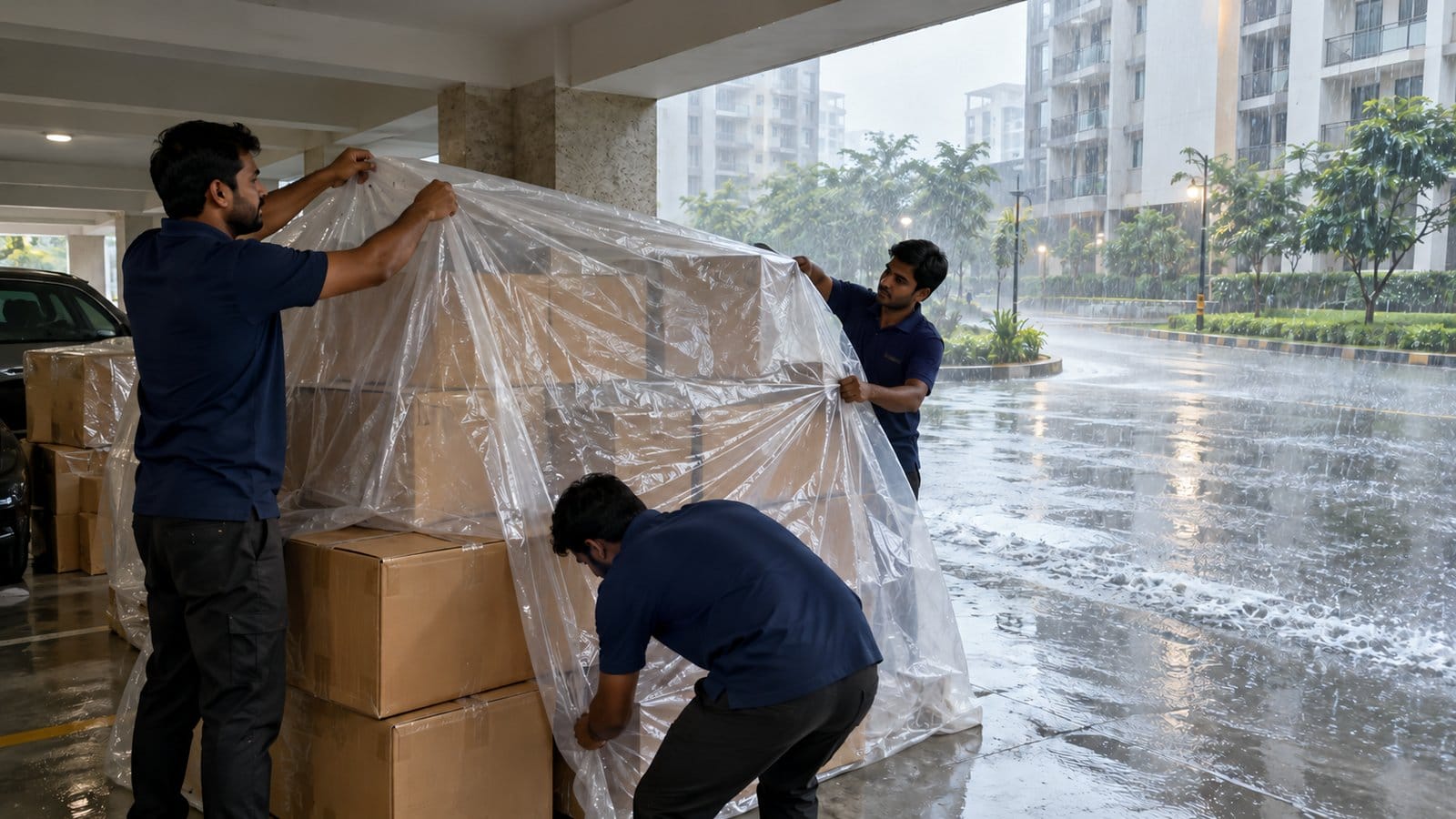 Movers cover stacked cartons with plastic sheets in a covered parking area as monsoon rain falls outside