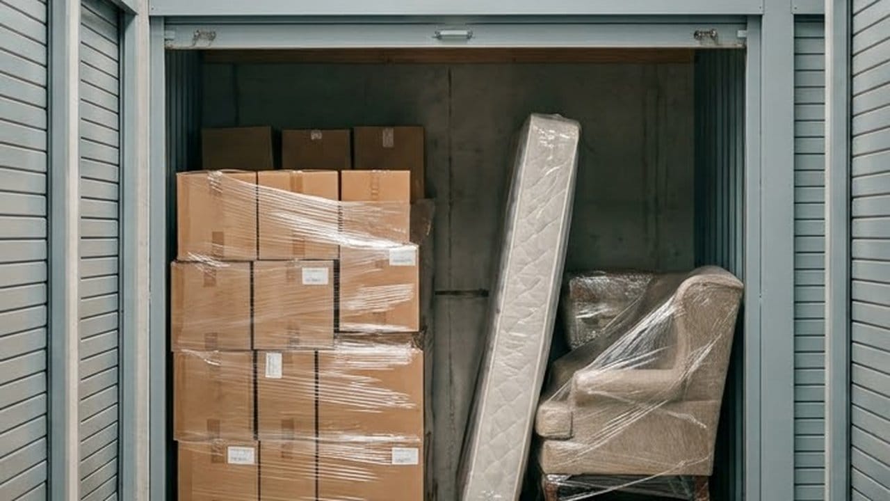 Wrapped cartons stacked on a wooden pallet beside a plastic-covered mattress and armchair inside a roller-shutter storage unit