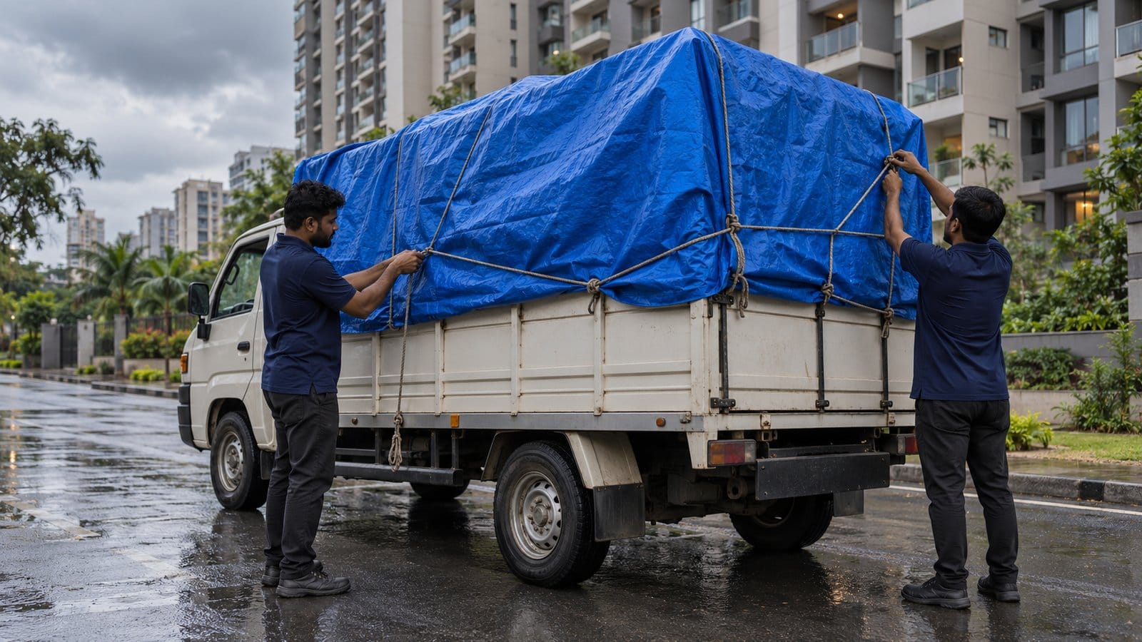 Two movers tie down a blue tarpaulin over a loaded truck on a wet road under monsoon clouds