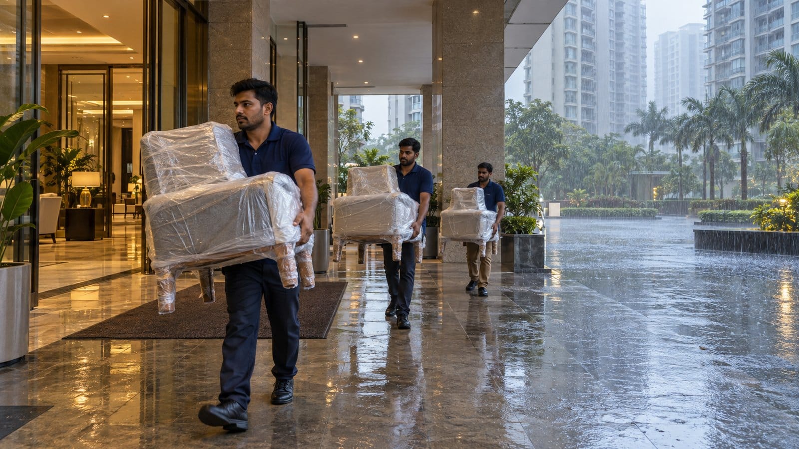 Movers carry wrapped chairs under a tower drop-off canopy as rain pours on the driveway