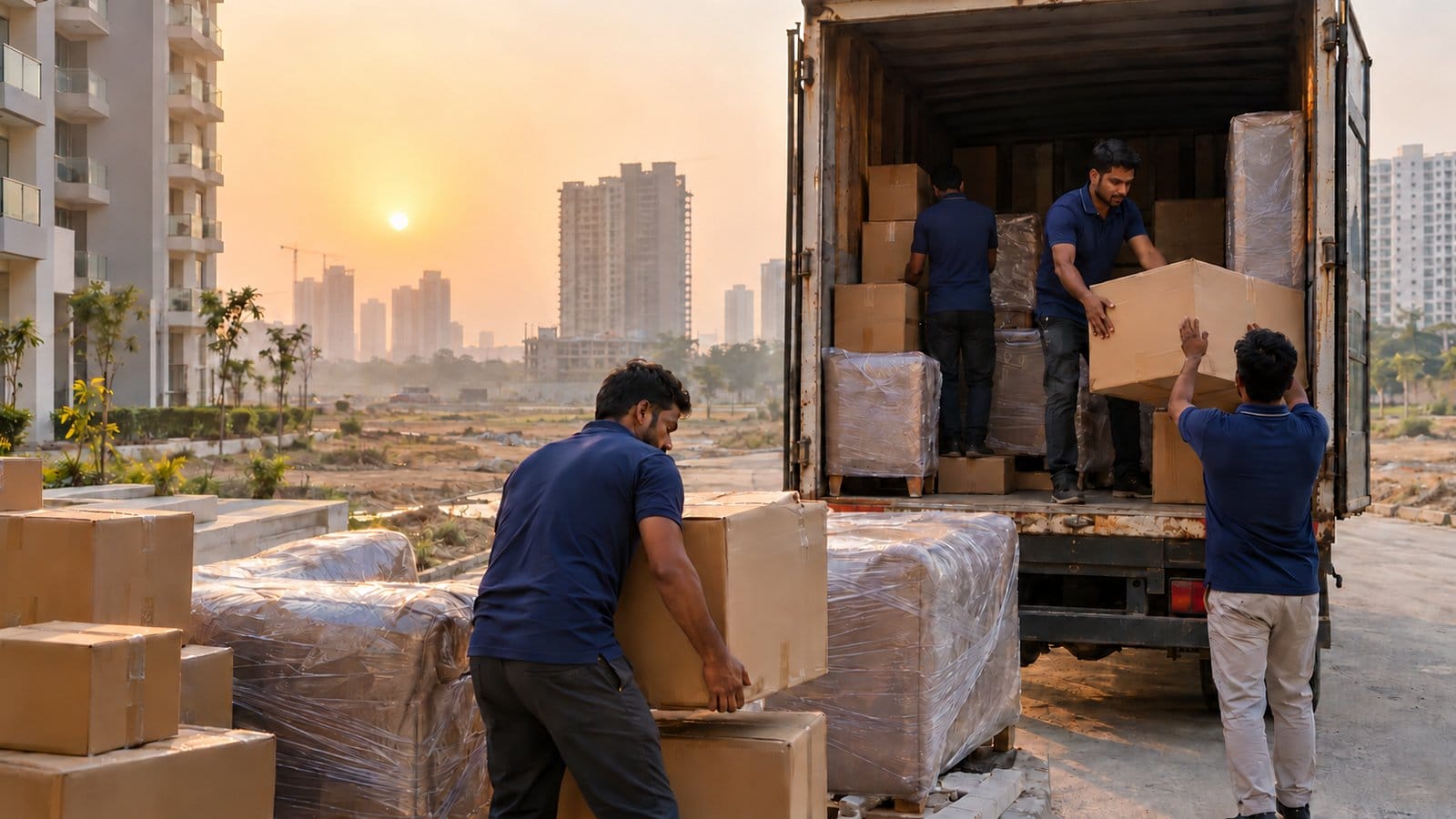 Movers load a truck at sunrise under a pale hot sky among new towers and open plots