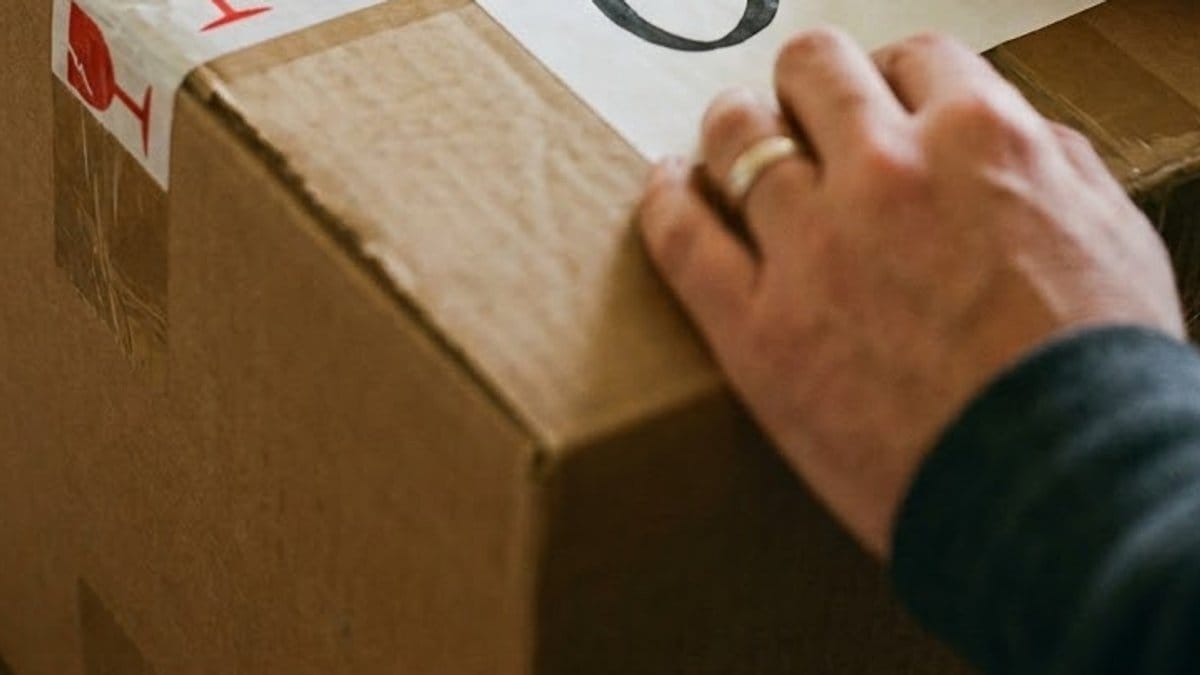 A packer's hand, wearing a ring, steadying a taped cardboard carton marked with fragile-glass tape and a numbered label