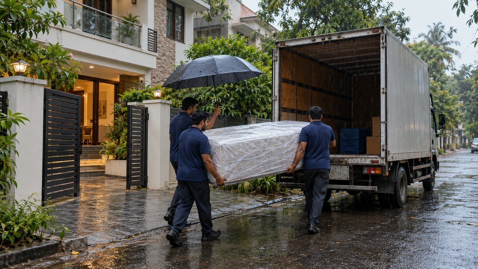 Movers carry a wrapped mattress under an umbrella from a house gate to a truck in light rain