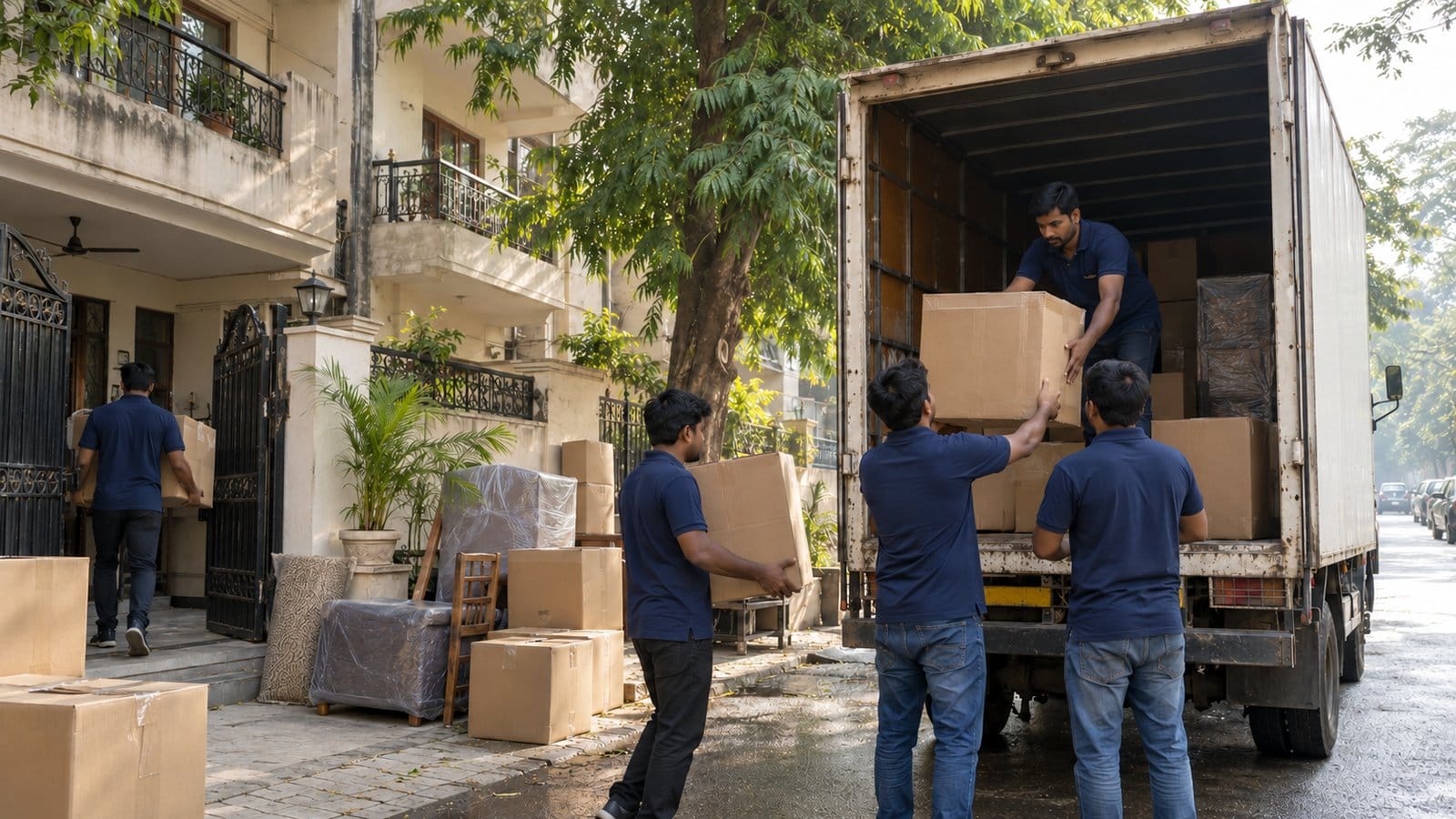 Movers load cartons into a truck in the early morning outside an older house shaded by a tree