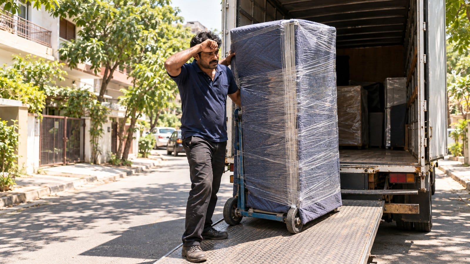A mover wipes his brow while loading a wrapped fridge into a truck on a hot afternoon