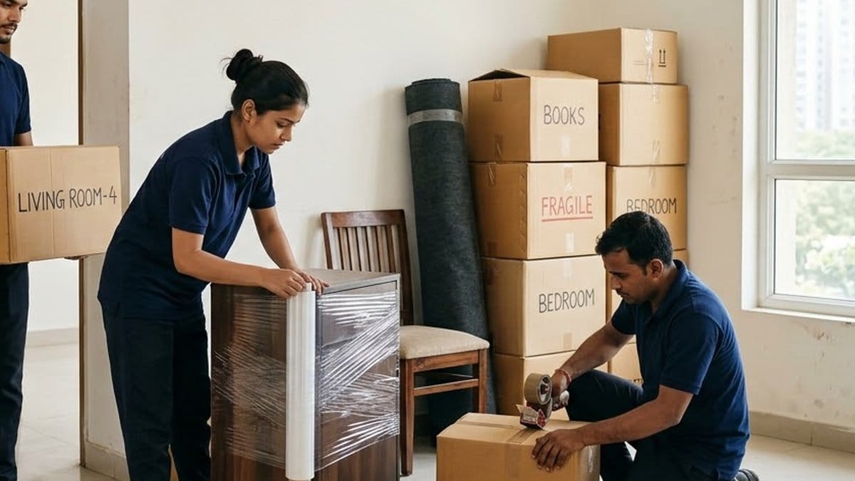A packer wraps a wooden cabinet in stretch film while a kneeling colleague tapes a carton, beside a stack of boxes labelled Books, Fragile and Bedroom in an empty room