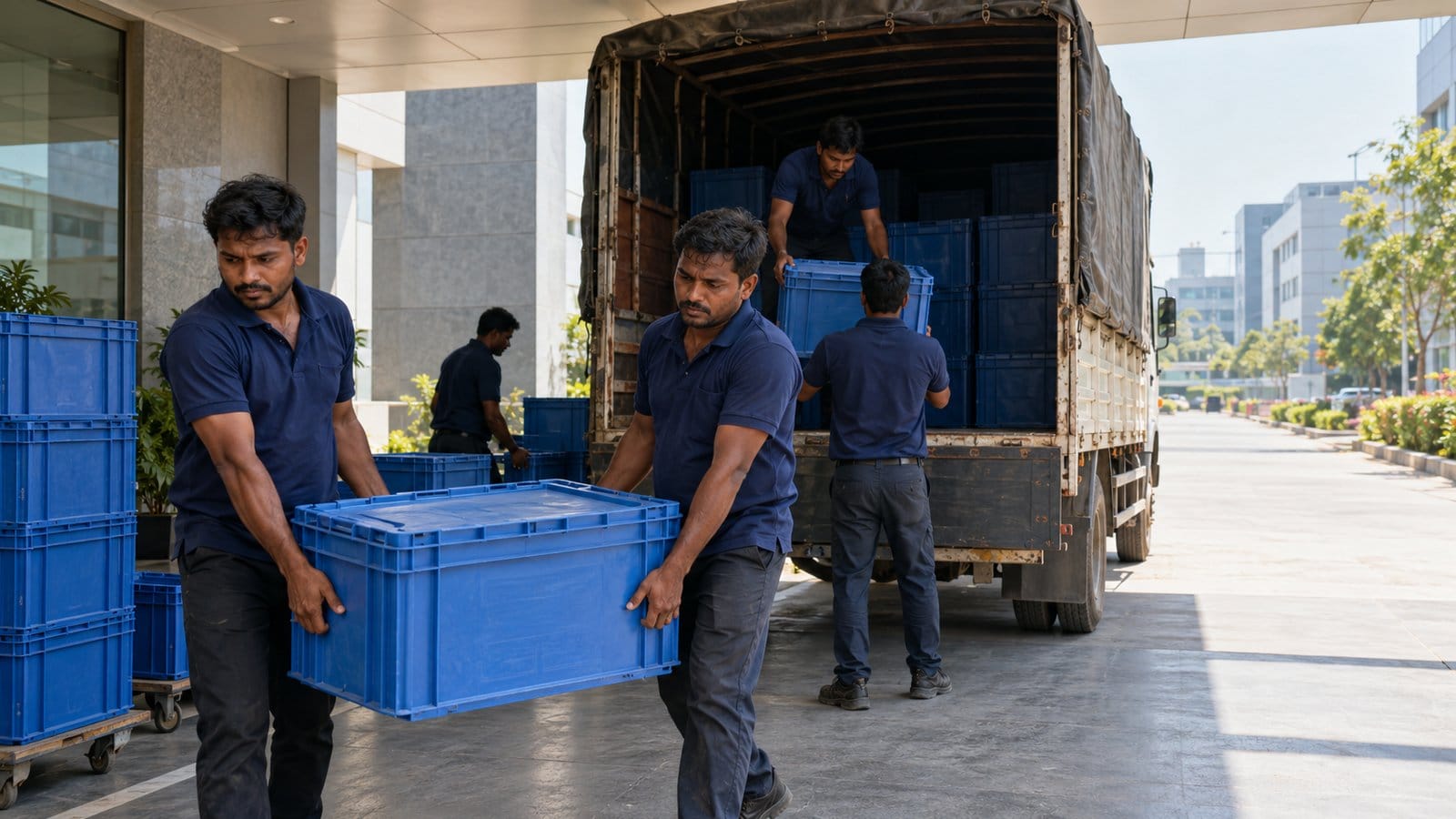 Movers lift blue crates off a truck outside an office block on a sunny day