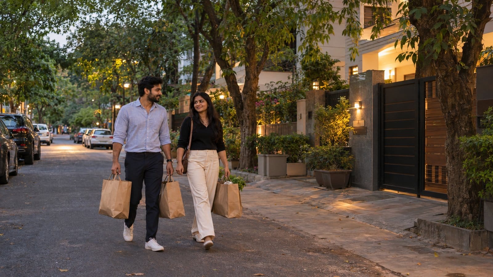 A young couple carries grocery bags along a tree-lined lane of independent houses in the evening