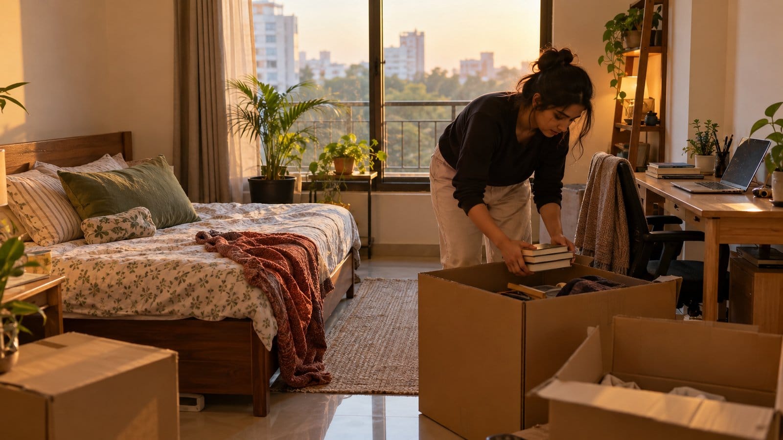 A woman packs books into cartons in a bedroom of a new home with city towers outside