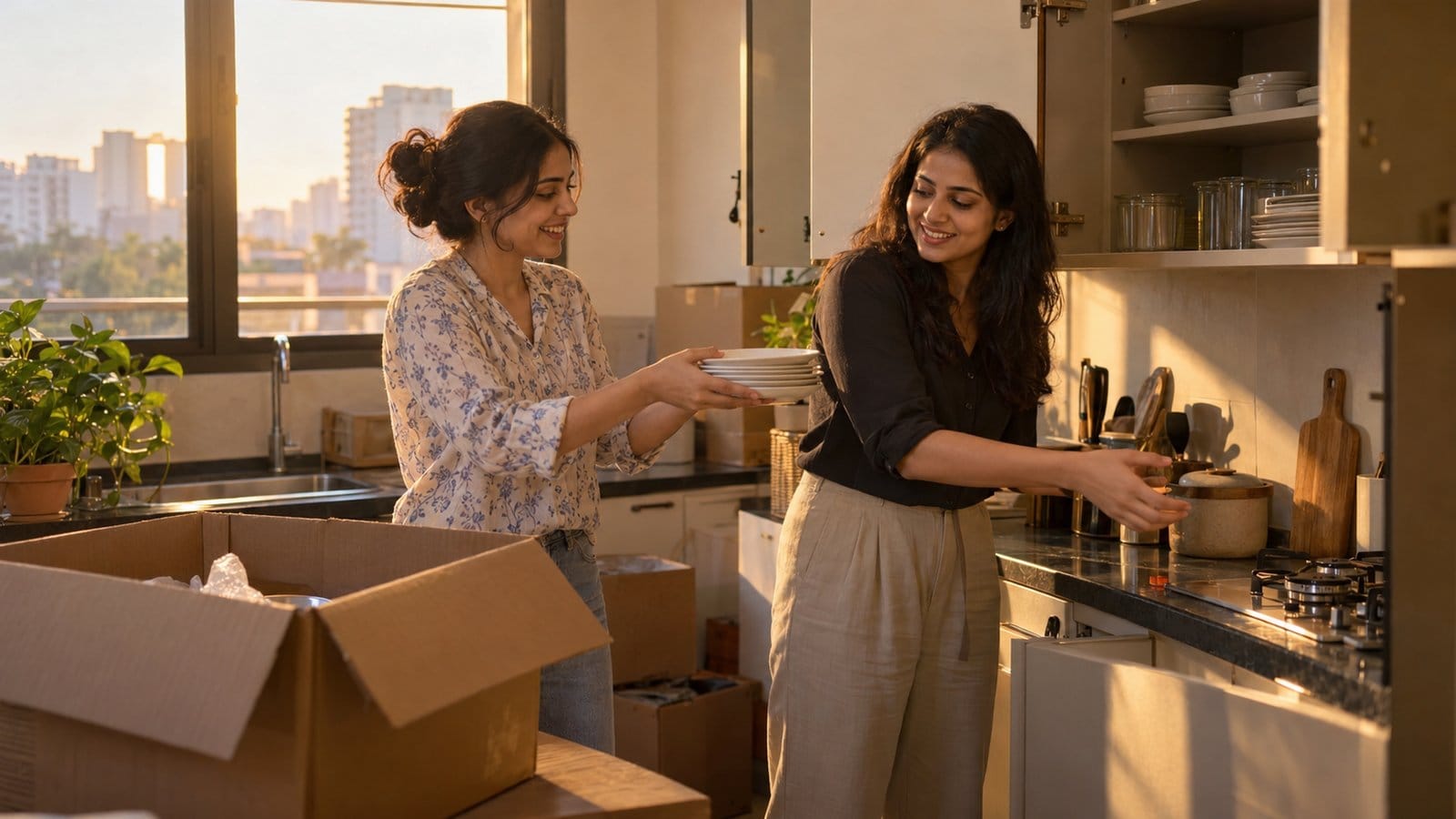 Two friends unpack kitchen items into cabinets in a compact builder-floor flat