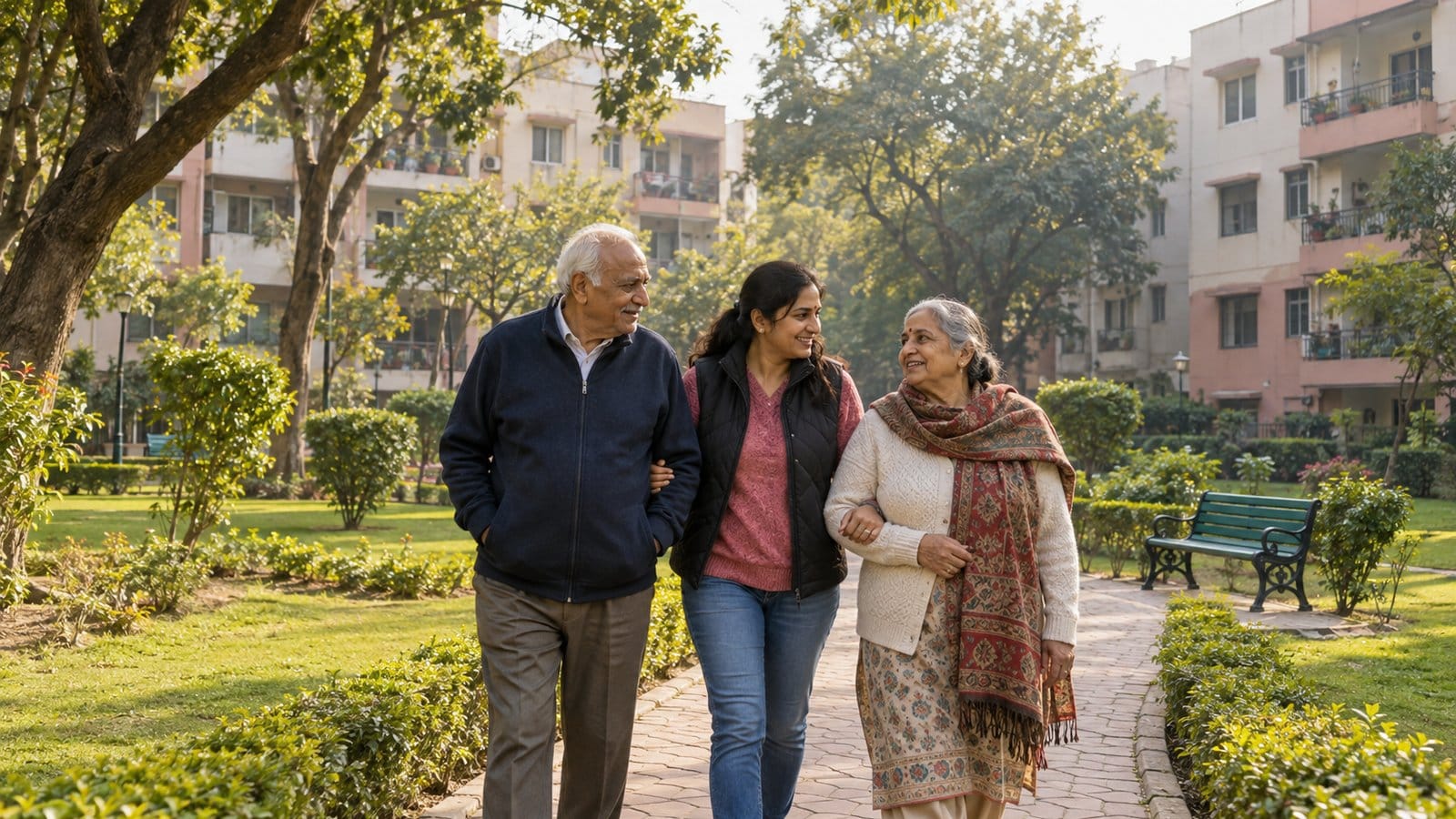 An elderly couple and their daughter walk through a green park beside four-storey apartment blocks