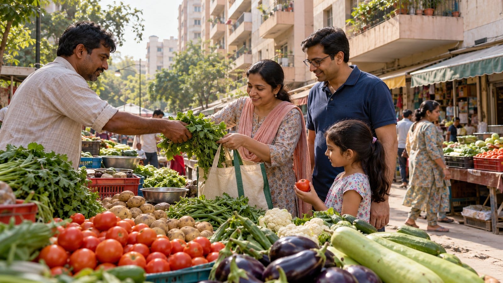A family buys vegetables at a neighbourhood market below apartment blocks in the morning