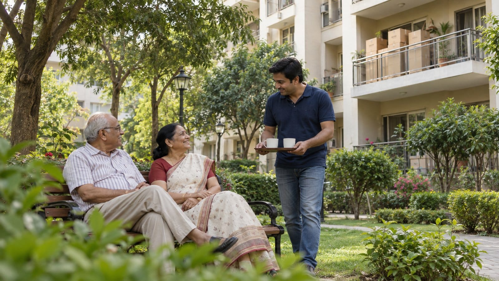 An elderly couple on a park bench beside apartment blocks as their son brings them tea