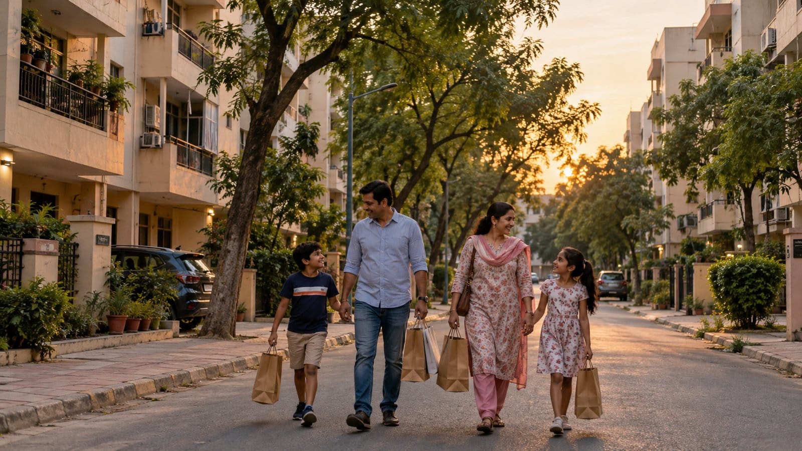 A family of four walks with shopping bags between apartment blocks on a tree-lined road at sunset
