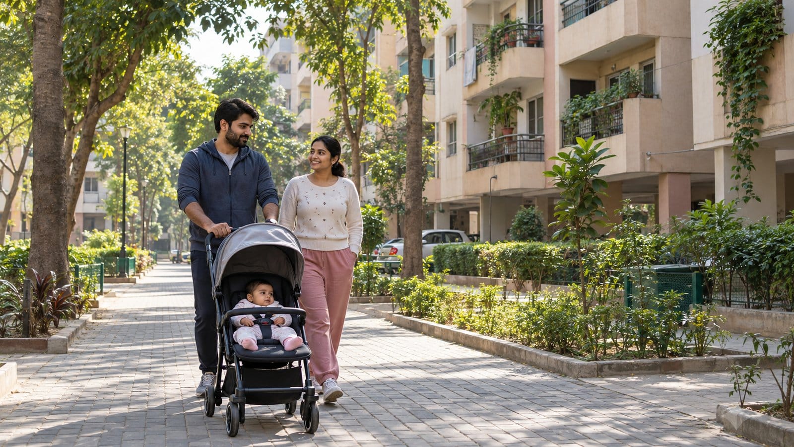 A young couple pushes a stroller along a tree-lined footpath beside low-rise housing blocks