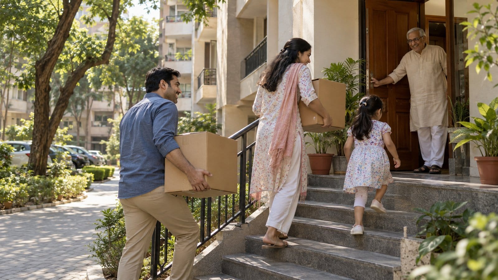A family carries its first cartons up the steps of a tree-lined apartment block as the grandfather holds the door