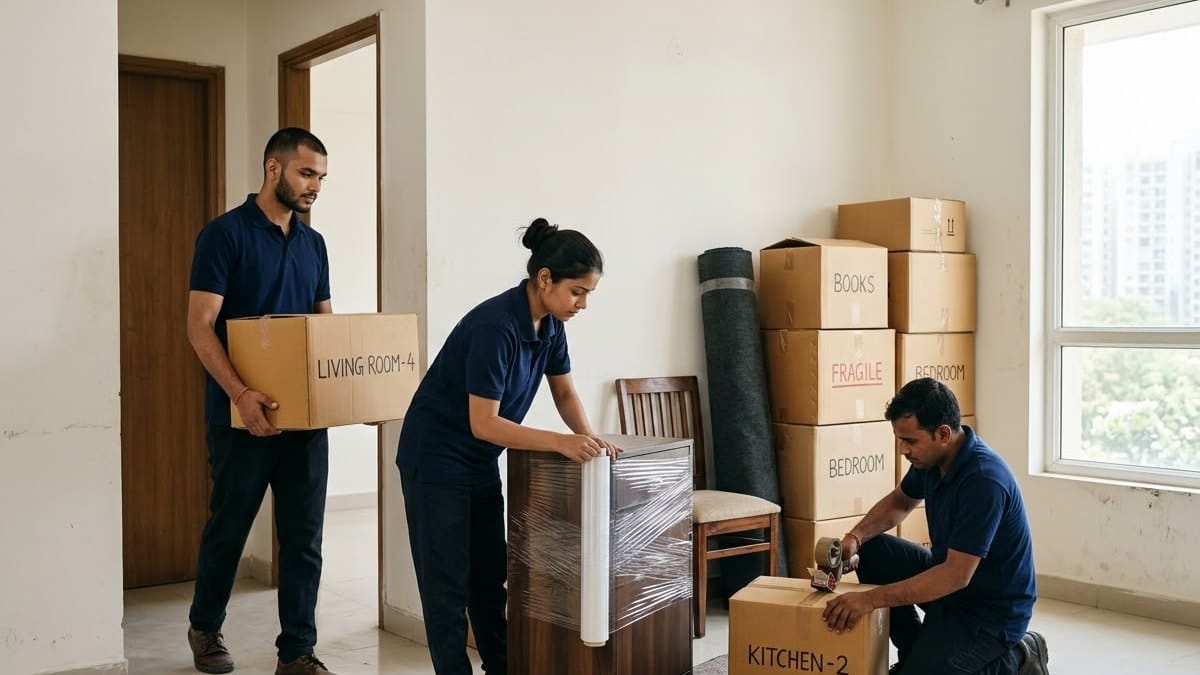 Three movers packing a flat: one carries a labelled carton, one stretch-wraps a cabinet, one tapes a box
