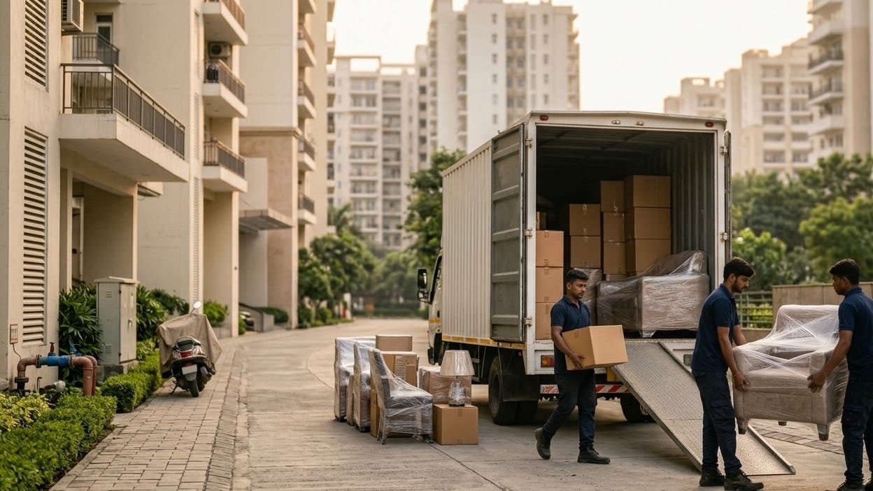 A moving crew loading wrapped furniture and cartons into a covered truck outside apartment towers