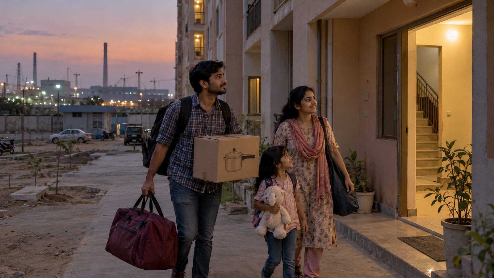 A family with bags and a carton arrives at a new apartment block at dusk near an industrial area