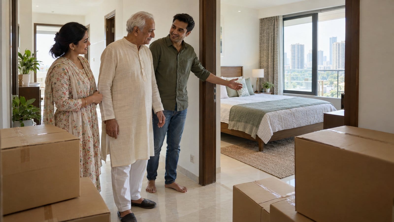 An elderly father is shown his new room by his son and daughter-in-law in a bright high-rise flat