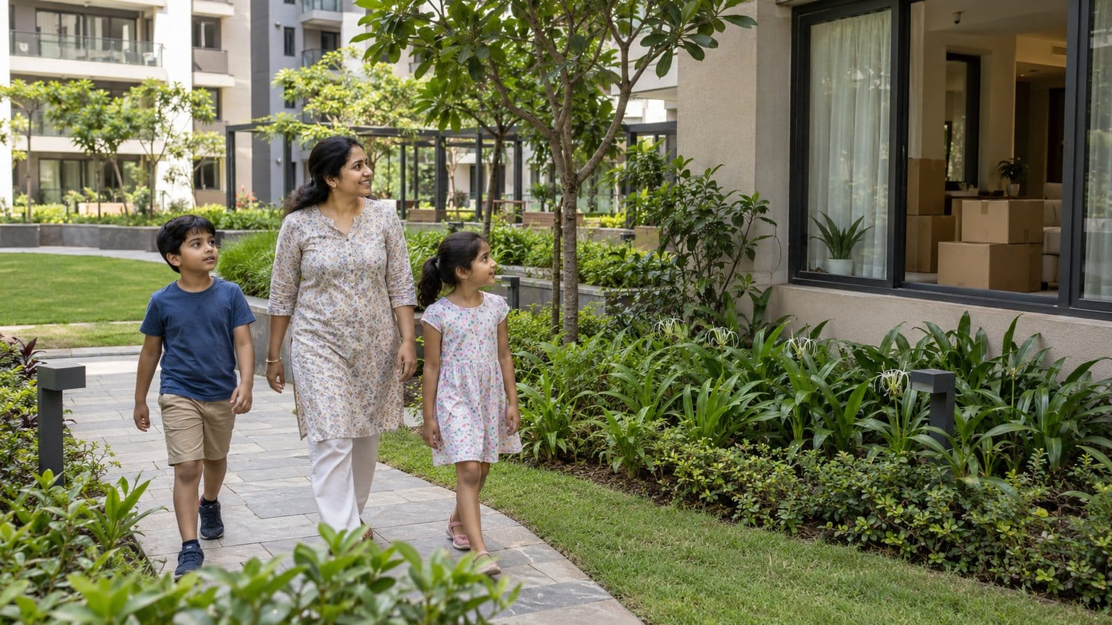 A mother and two children explore the garden of a new apartment complex on their first day