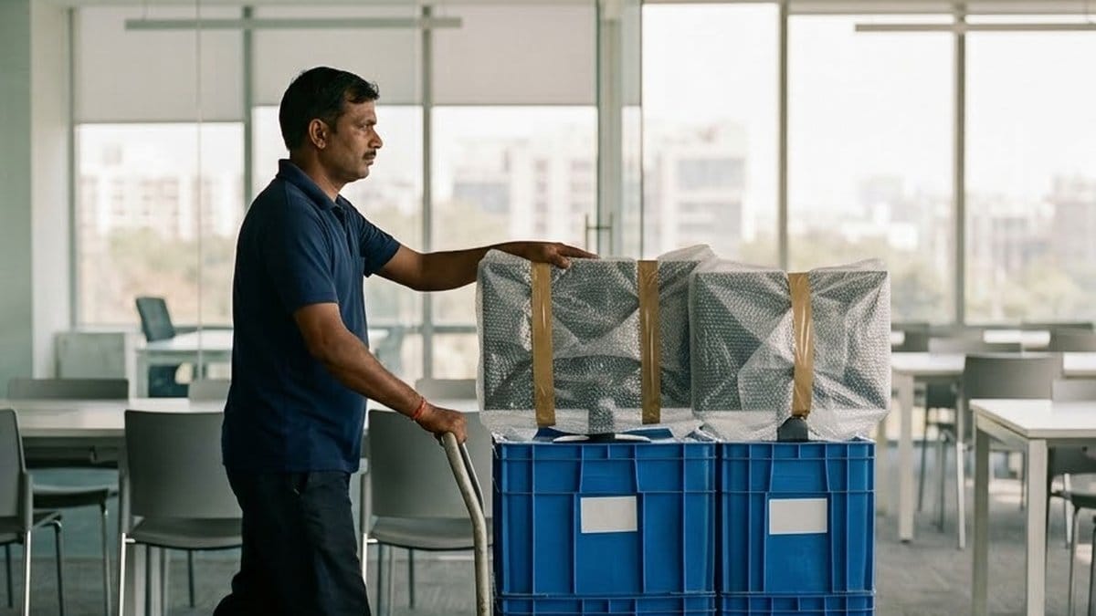 A mover in a navy polo shirt pushes a trolley stacked with blue crates and two bubble-wrapped monitors through an empty open-plan room