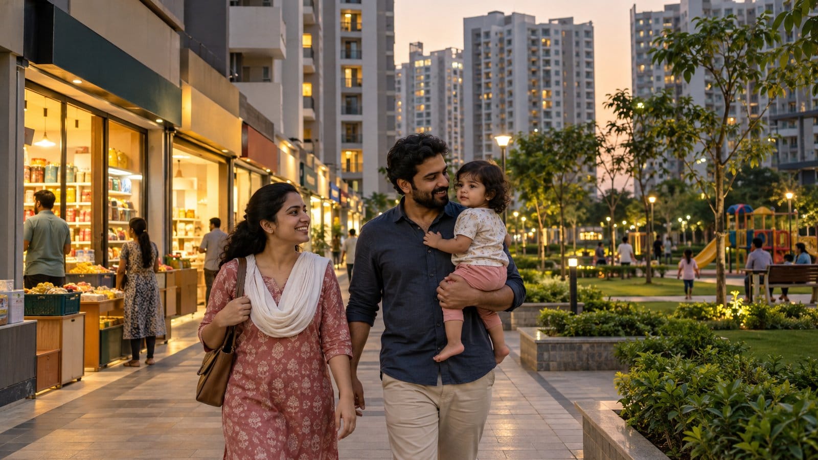 A young family walks past neighbourhood shops and a small park beside residential towers in the evening