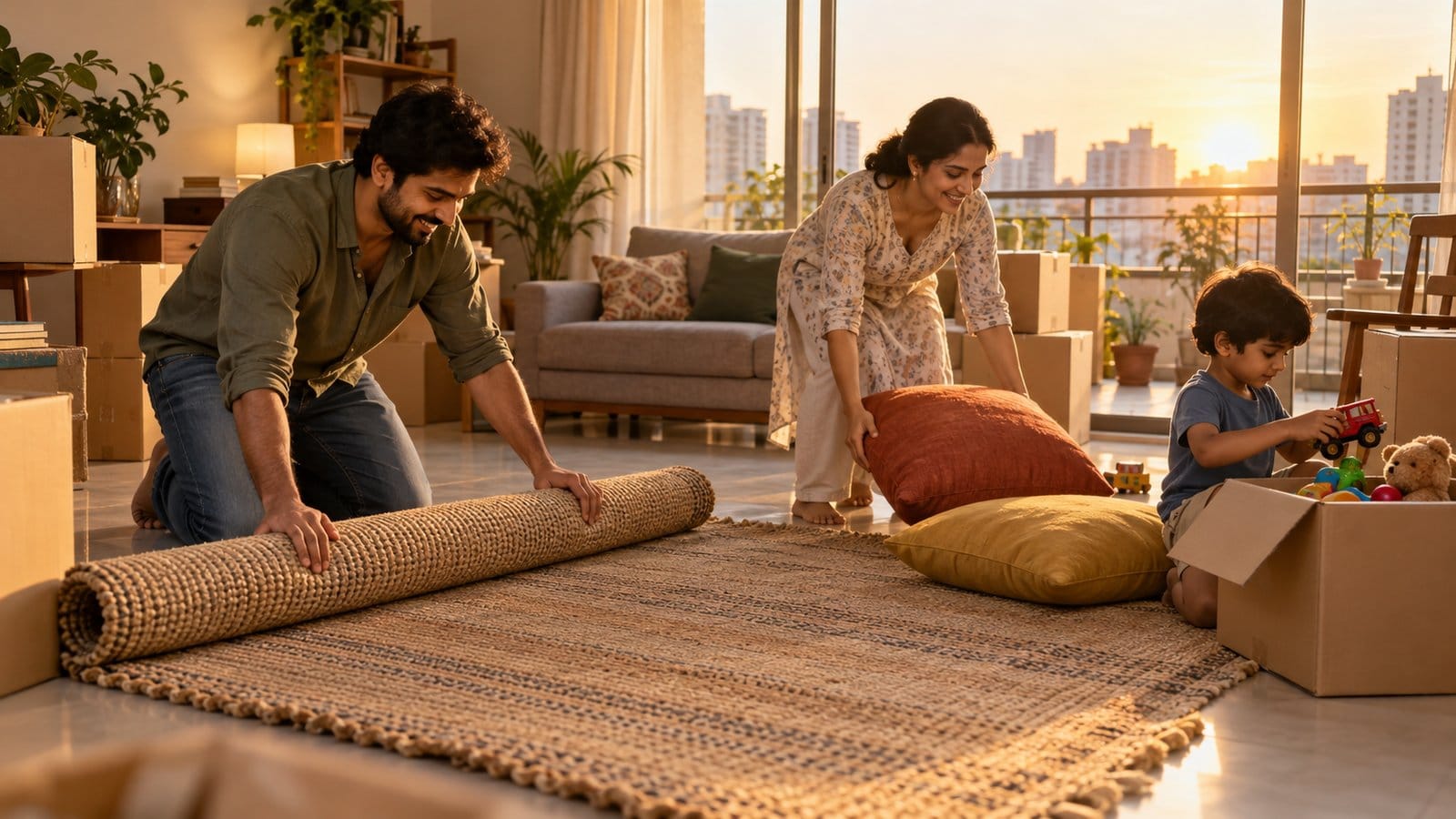 A family unrolls a rug among moving boxes in a new flat as the sun sets over high-rises