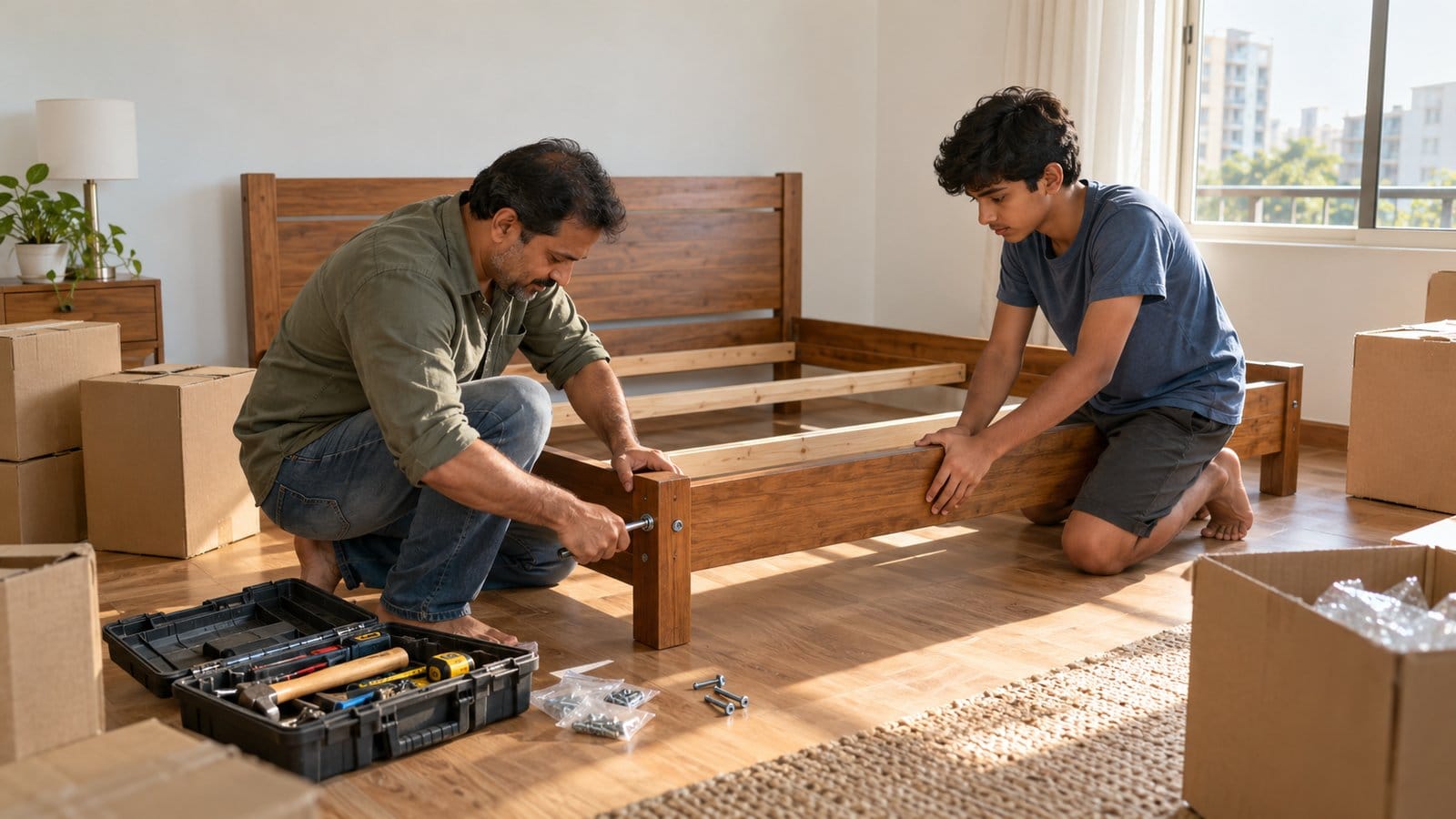 A father and teenage son assemble a bed frame in a freshly painted bedroom of a new flat
