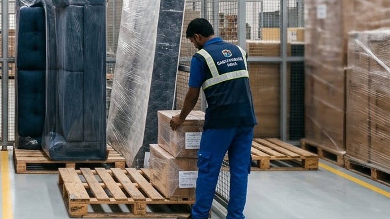 A worker in a reflective vest lifts a carton onto a wooden pallet beside a plastic-wrapped blue sofa and mattress in a storage bay