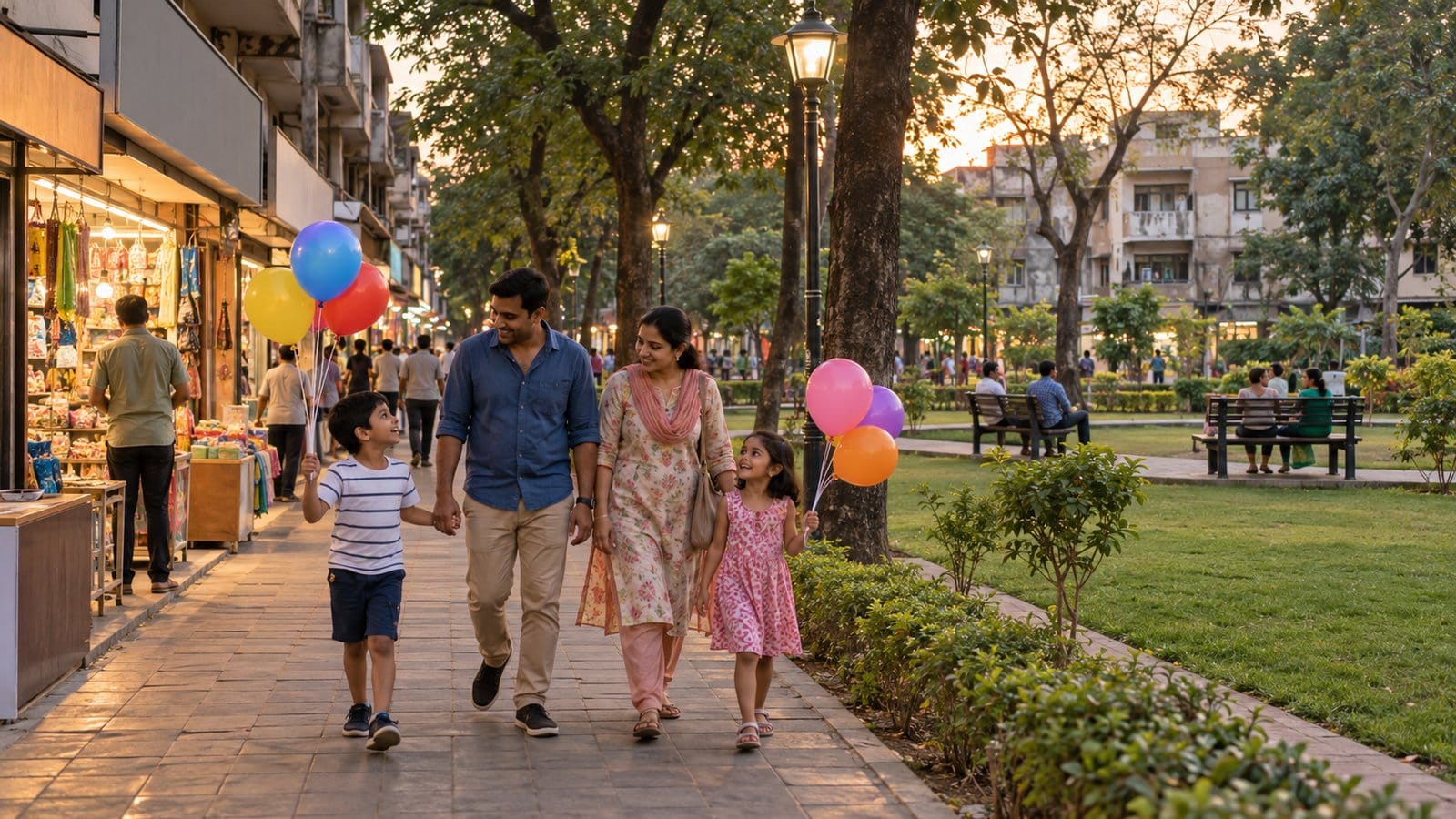 A family with balloons walks past a neighbourhood market and park in the evening