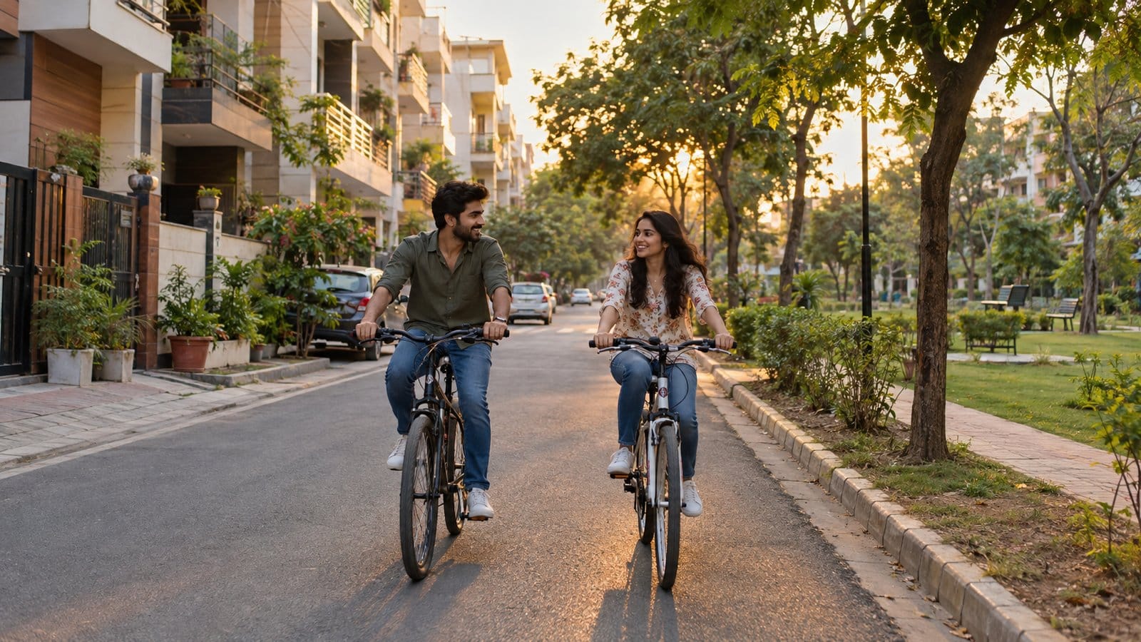 A young couple cycles past builder-floor houses and a small park on a pleasant evening