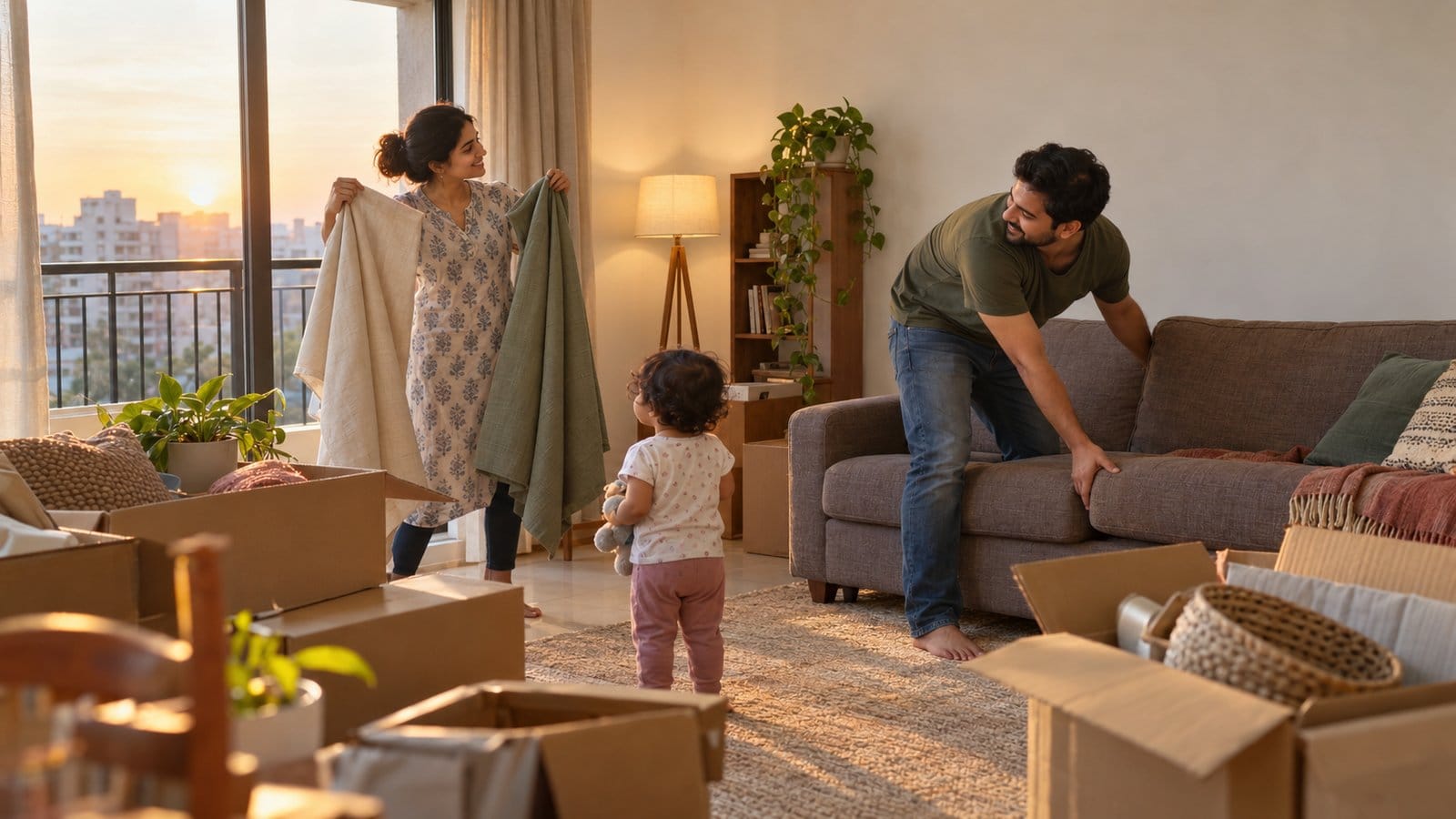 A young couple and their toddler choose curtains and arrange a sofa in a newly rented flat