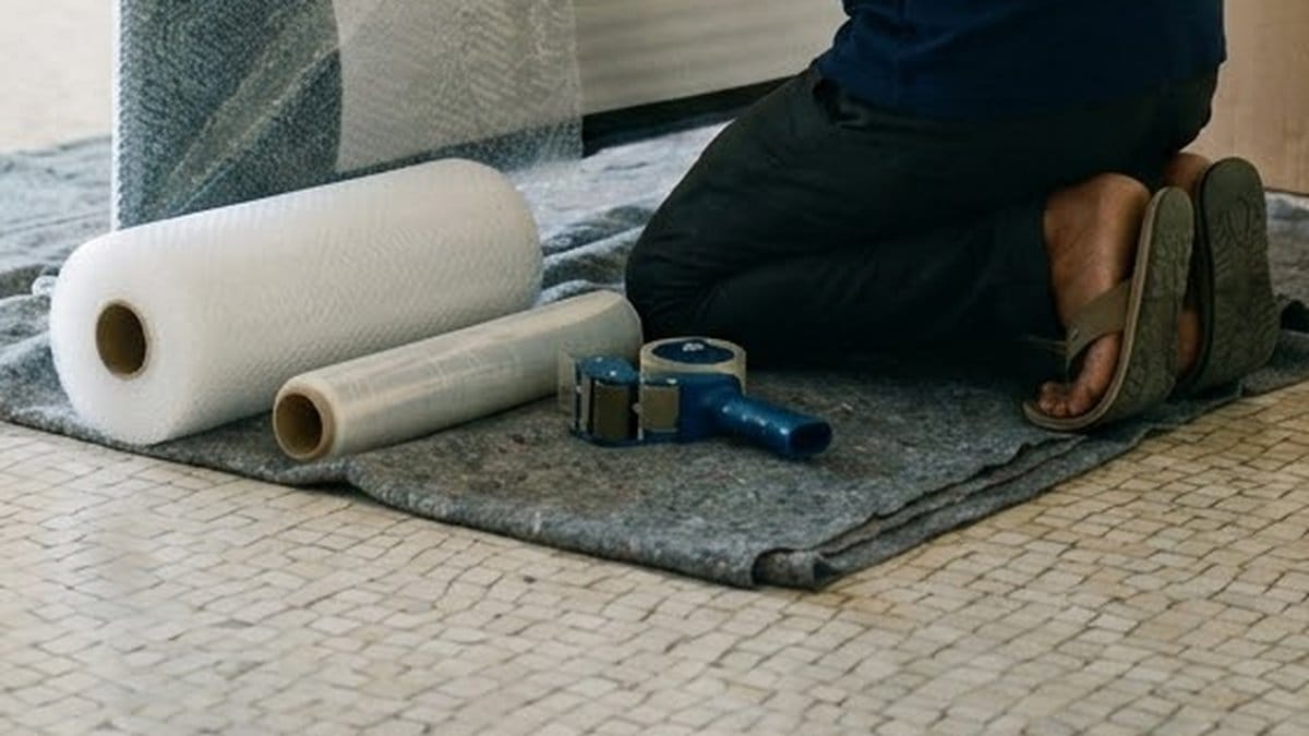 Rolls of bubble wrap and stretch film and a tape dispenser on a grey padding blanket beside a kneeling packer, on a mosaic floor