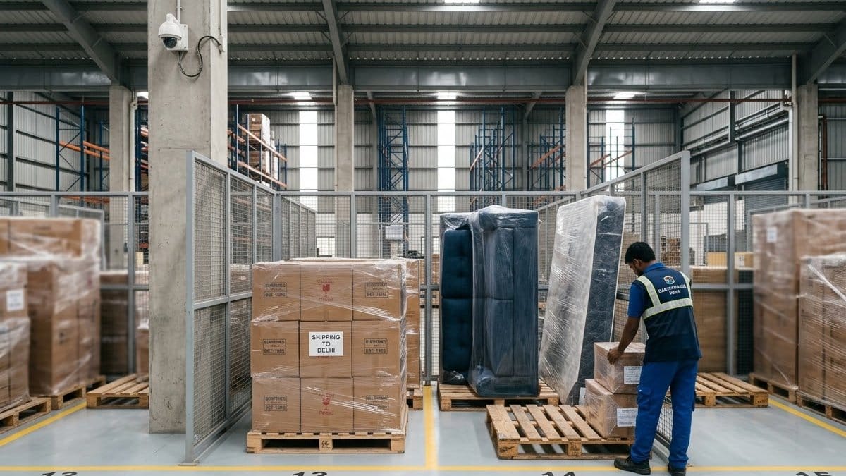 Shrink-wrapped cartons, a sofa and a mattress on wooden pallets in a storage warehouse, with a worker stacking boxes