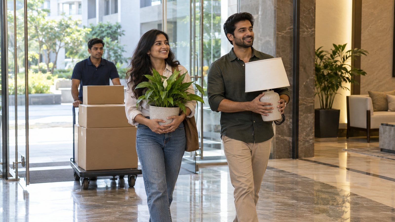 A young couple carries a potted plant and a lamp into a tower lobby, a mover following with a trolley of cartons