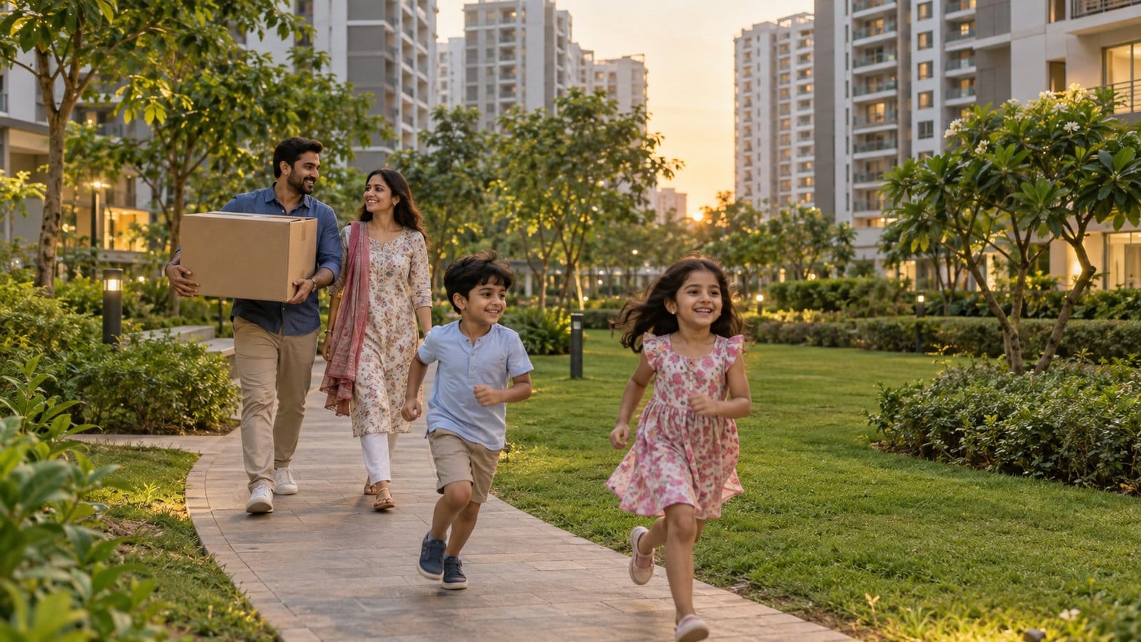 A family with a moving carton walks along a park path between residential towers, the children running ahead
