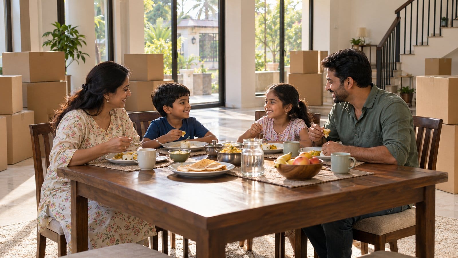 A family of four shares their first breakfast in a new home, cartons stacked against the wall
