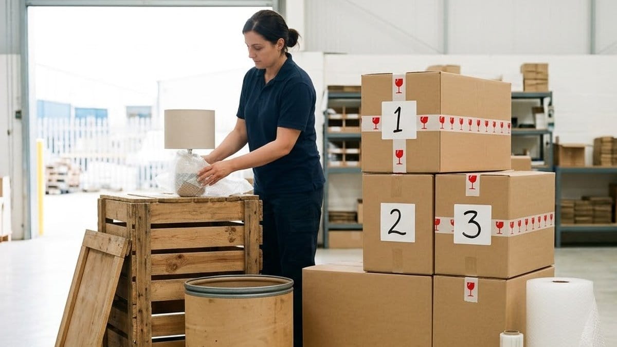 A packer in a navy uniform wraps the base of a table lamp in bubble wrap on a wooden crate, beside a stack of numbered cartons marked fragile