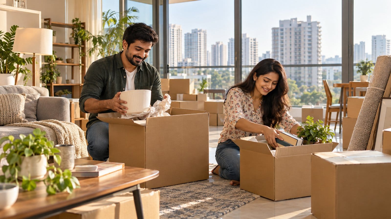 A young couple unpacks cartons in a bright apartment with modern towers visible through the windows